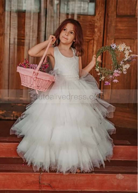 Lace Ruffled Tulle Cross Back Flower Girl Dress With Cape